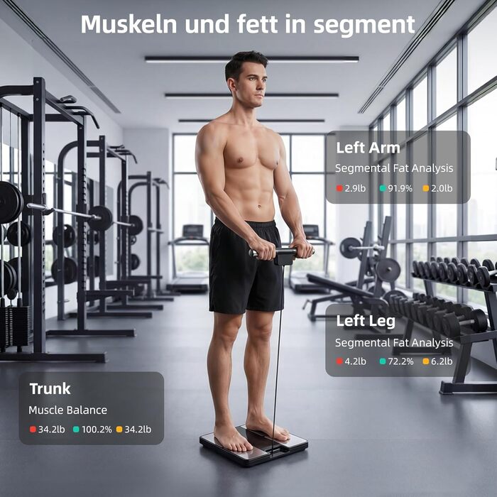 Вага для вимірювання жиру в тілі з 8 електродами, персональна вага з великим дисплеєм, Bluetooth, аналіз складу тіла, 180 кг, BMI, протеїн, BMR
