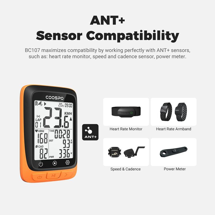 COOSPO BC107 Велокомп'ютер бездротовий, водонепроникний IP67, Bluetooth Ant+, 2,4