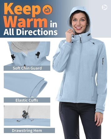 Жіноча мембранна куртка Outdoor Ventures Softshell: водонепроникна, дихаюча та вітрозахисна функціональна куртка з капюшоном для демісезону, небесно-блакитна, 4XL