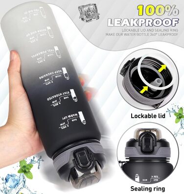 Водна пляшка CodiCile 1л зі трубочкою, спортивна, з маркуванням часу, чорно-сіра