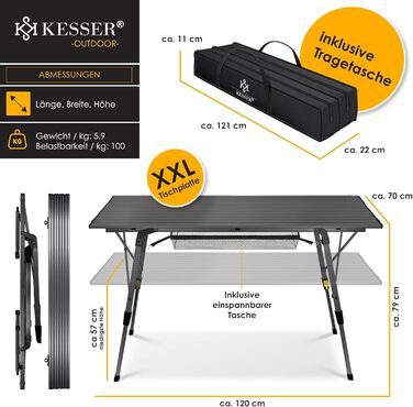 Складний кемпінговий стіл KESSER® 120x70 см, алюмінієвий каркас, антрацит. З сумкою для транспортування
