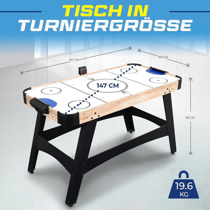 СеренеЛайф Аірхокей: ігровий стіл для аірхокею, стіл для ігор, дитячий та дорослий, блакитно-чорний, модель Natur