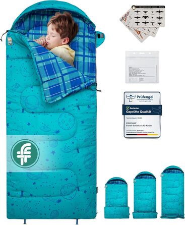 Сплячий мішок KingCamp для дітей, фланелевий, легкий, водонепроникний, компактний, зимовий, 4 сезони, для кемпінгу, підходить для дітей до 140 см, комфортна температура: 7°C, регульована довжина