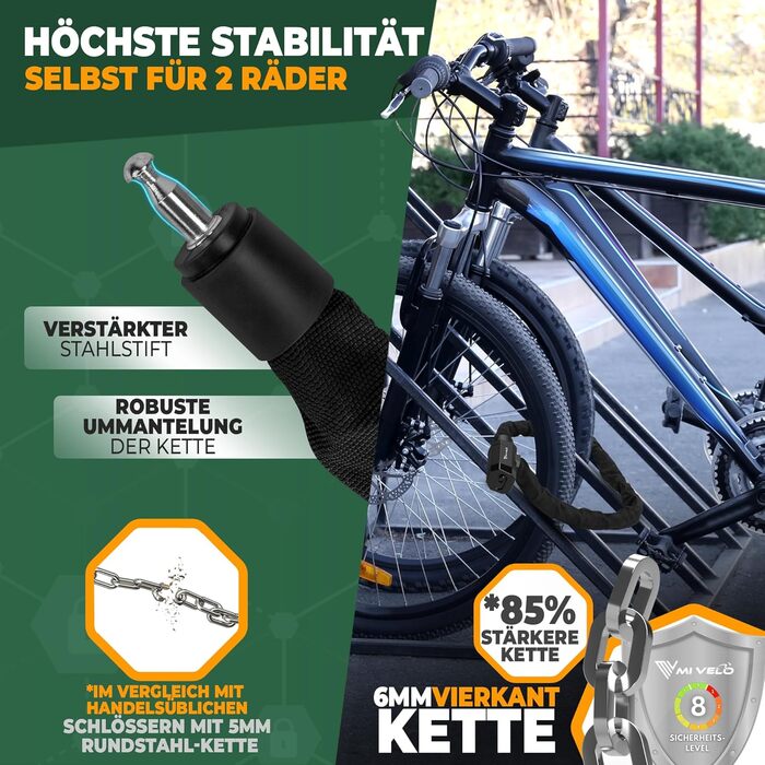 Замірний ланцюговий замок для велосипеда MIVELO, загартована сталь, квадратний переріз 6мм, довжина 90см, високий рівень безпеки