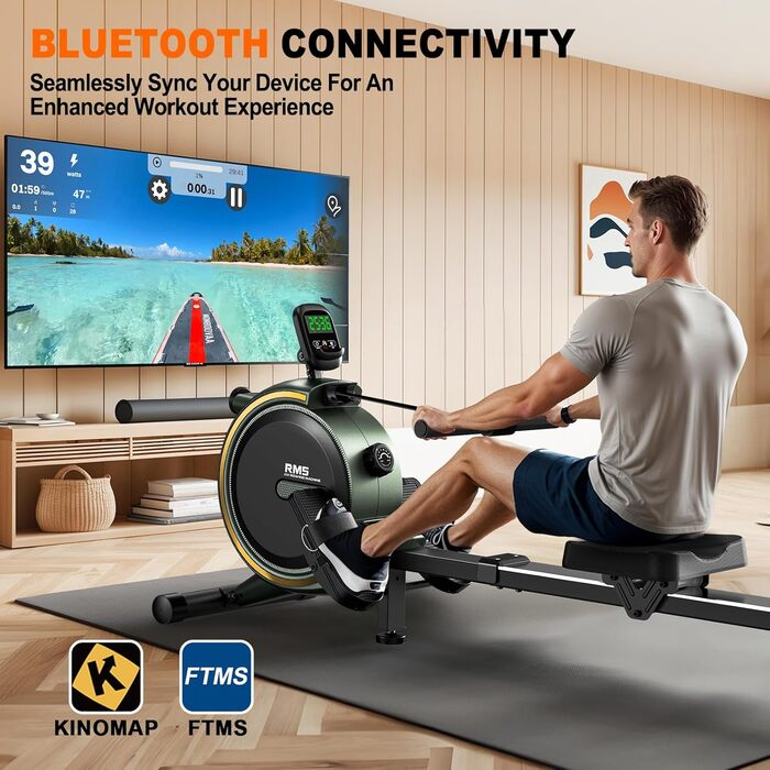 Домашній гребний тренажер MettleMatic, складаний, Bluetooth, 16 рівнів опору, великий підсвічений дисплей
