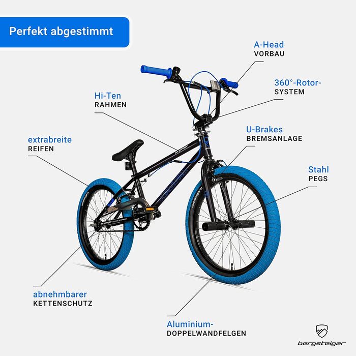 Bergsteiger Halifax BMX 20 дюймів, фетбайк, 360° ротор, фрістайл, 2 сталеві пеги, ланцюговий захист, фрівіл, синій/чорний