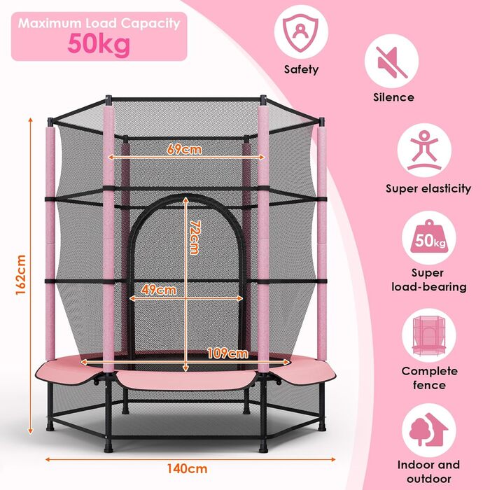 Трамплін для дітей LIFERUN Ø140см з сіткою безпеки, для ігор та тренувань, до 50 кг, рожевий