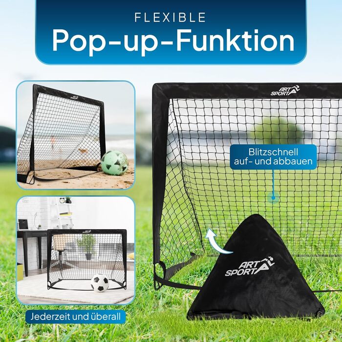 ArtSport Ворота для футболу Pop-up Goal Master - комплект 2 шт. з аксесуарами - складані та готові до гри - 2 футболні ворота для залу та саду - для дітей, чорні