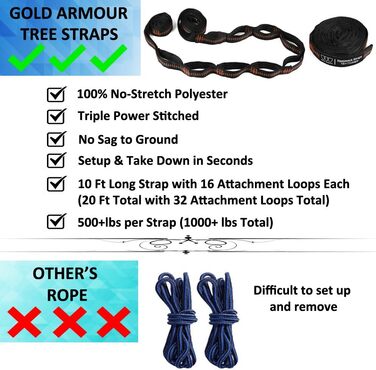 Гамак для кемпінгу Gold Armour - великий двомісний гамак з парашутної тканини (2 петлі для кріплення, 29 кольорів/мотивів) Легкий нейлон для дорослих та дітей, (Зелений) (Помаранчевий / Чорний)