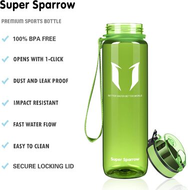 Фляга для води Super Sparrow - Tritan, 350/500/750/1000 мл, без BPA - спортивна, для фітнесу, велосипеда, універу, відпочинку (750 мл, глянцевий зелений)