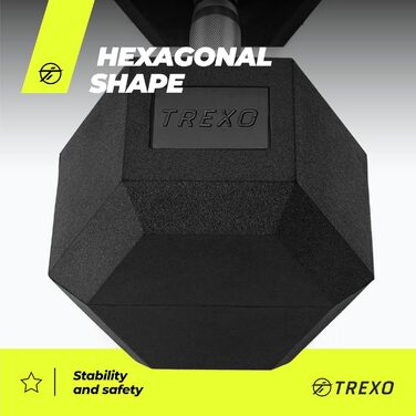 Гантель TREXO Hex 27,5 кг, гексагональна, гумова, чавун, для силових тренувань, ергономічна ручка, універсальна, домашній спортзал
