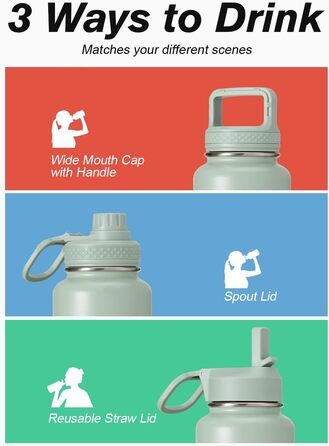 Coolflask Фляга-термос 1,2 л з соломкою, з нержавіючої сталі, 3 кришки, для спорту та офісу, зберігає холод до 48 годин, гаряче - до 24 годин, сіро-зелений колір