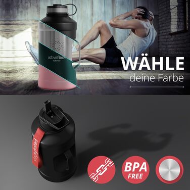 BeMaxx спортивна пляшка з нержавіючої сталі 2,2 л з трубочкою, 3 кришки, BPA-free, герметична, для газованої води, XL фітнес пляшка Solid Black