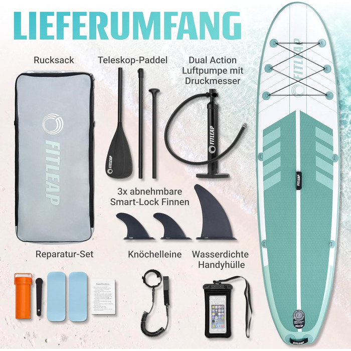 Надувний SUP Борд Fitleap Premium Stand Up Paddle Board - Комплект з насосом, веслом та рюкзаком. Ідеально для початківців та професіоналів, для йоги, серфінгу та водного спорту. (Зелений в смужку, 1 особа)