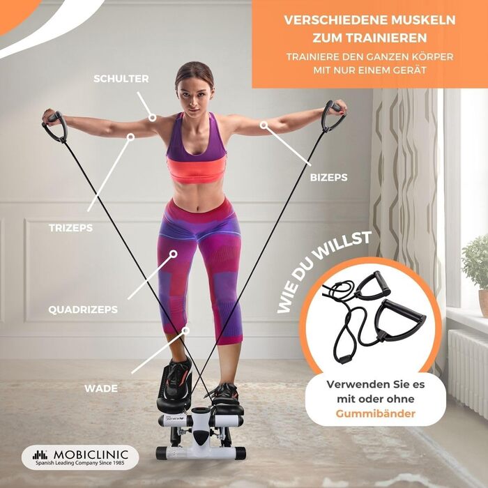 Mobiclinic® Fitness Stepper 2 в 1 Step Plus з тросами, багатофункціональний тренажер для дому, LCD дисплей, навантаження до 100 кг, регулювання опору