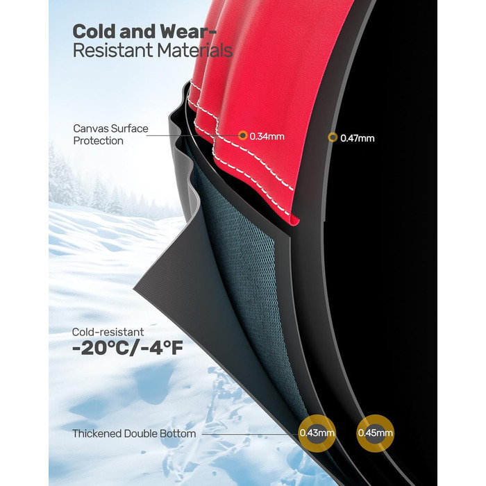 Шнек для катання снігом QPAU з канвасом для дітей та дорослих, 48'' Heavy Duty, посилена підошва, зимова розвага на свіжому повітрі, чорний & червоний