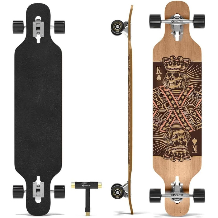 Лонгборд SKATRO Dropthrough Freeride з T-Tool Blackskull, скейтборд для фрірайду, чорний