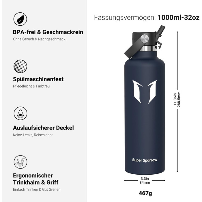 Термокружка-термос Super Sparrow з нержавіючої сталі з трубочкою, 350мл, 500мл, 750мл, 1л, 1.2л - без BPA, для спорту, подорожей, школи, відпочинку на природі (1000 мл, Колір: Морська хвиля)