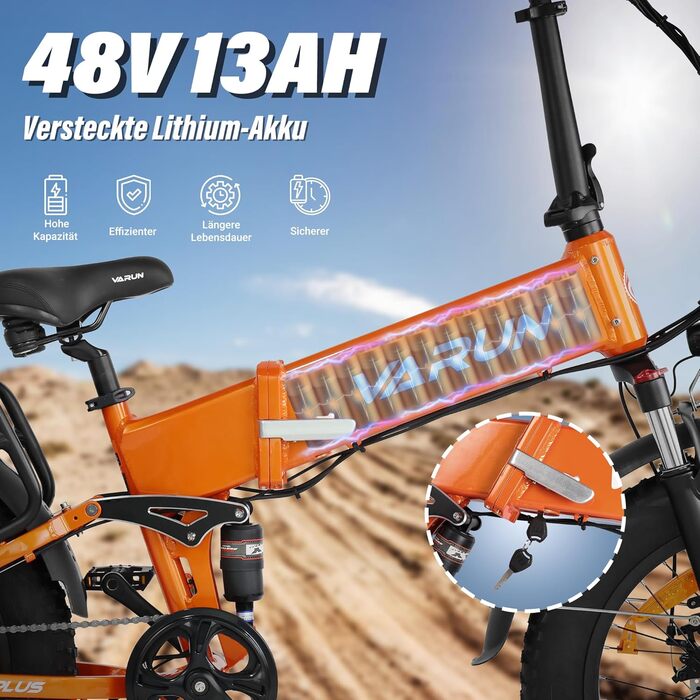Електровелосипед VARUN S20-1 PLUS складаний 20 дюймів, 48V 13Ah, до 120 км, 7-швидкісний, LCD-дисплей, товсті антиковзкі шини, помаранчевий