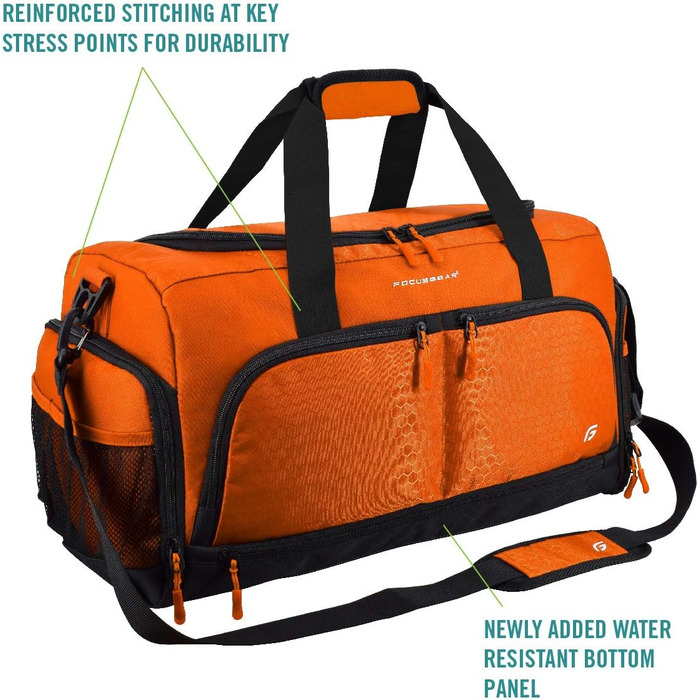 Спортивна сумка FocusGear Ultimate Gym Bag 2.0, водостійка, 10 відділень, міцна, для подорожей і тренажерного залу, зелена, 29,8×26,7×50,8 см (Medium 20'), помаранчева
