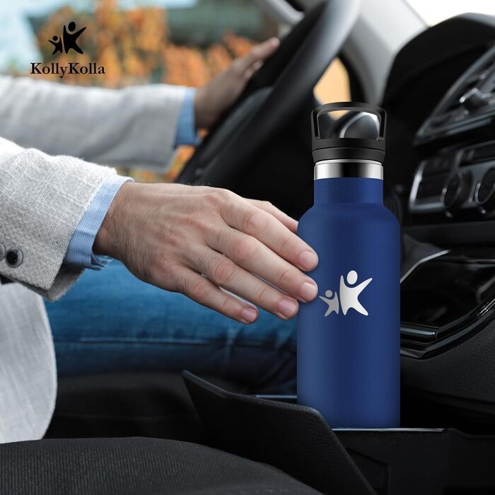 Фляга KollyKolla 750 мл з нержавіючої сталі, ізольована, з трубочкою, без BPA, для газованої води, вакуумна термофляга, фляга для дорослих, універсальна, для спорту, офісу, тренажерного залу, велосипеда, кемпінгу, темно-синій колір