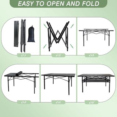 Розкладний туристичний стіл Poeopore для кемпінгу, 140x70x70 см, чорний, на 4-6 осіб