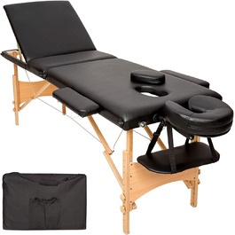 Професійний масажний стіл FRANKYSTAR для косметологів та фізіотерапевтів, 3 зони, чорний PU-пластик, дерев'яно-сталеве складне шасі, з сумкою