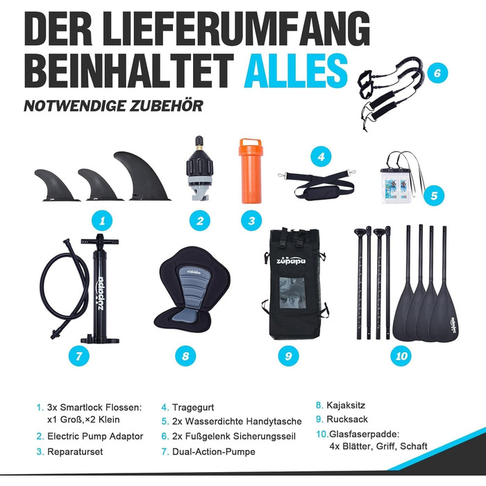 Надувний SUP Борд Zupapa 320/366см | Stand Up Paddle Board з сидінням для каяка | Комплект аксесуарів чорно-біло-сірий