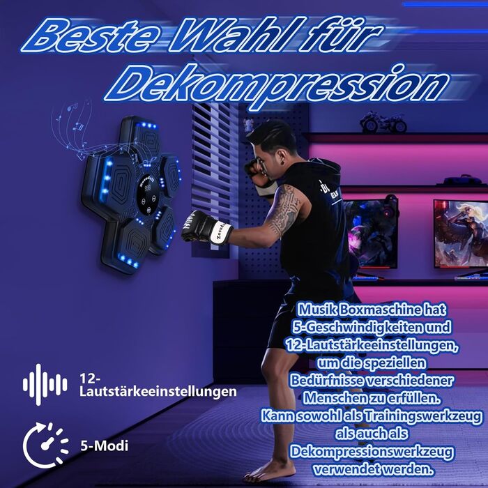 Музична боксерська машина Zosudull з LED-підсвіткою та Bluetooth, для дітей та дорослих, з регулюванням швидкості та підрахунком ударів