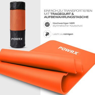 Гімнастичний килимок POWRX для йоги, пілатесу та фітнесу, нековзний, без фталатів, з ременем, сумкою та постером вправ