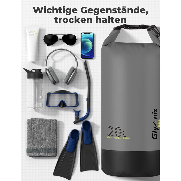 Водонепроникний мішок Glymnis 20L: міцний рюкзак для водного спорту, пляжу, подорожей та кемпінгу (чорний)