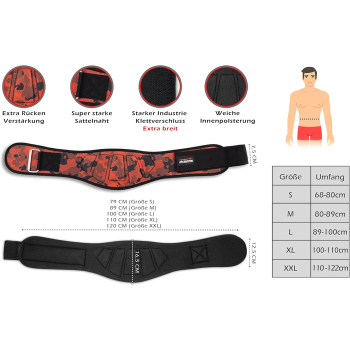 Пояс для важкої атлетики Raigeki Fitness (червоно-камуфляжний) – для бодібілдингу, пауерліфтингу, кросфіту (M) + плани тренувань