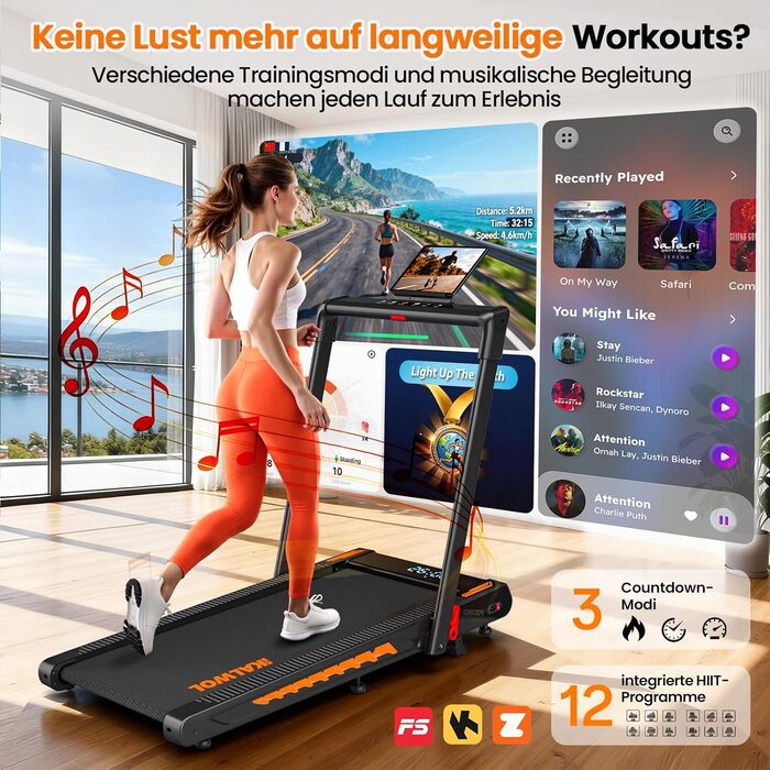 Бігова доріжка для дому з Bluetooth, 6 в 1, 12 км/год, з нахилом 10%, 3.0 к.с., LED-дисплей, 160 кг, чорно-помаранчева