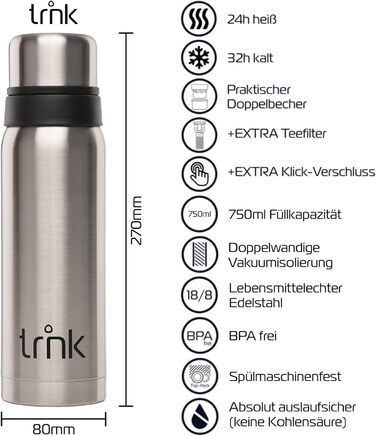 Термос trnk Outdoor Polar 2 з нержавіючої сталі 750 мл, BPA-free, 24 години збереження тепла, 2 чашки-кришки, для подорожей, сріблястий