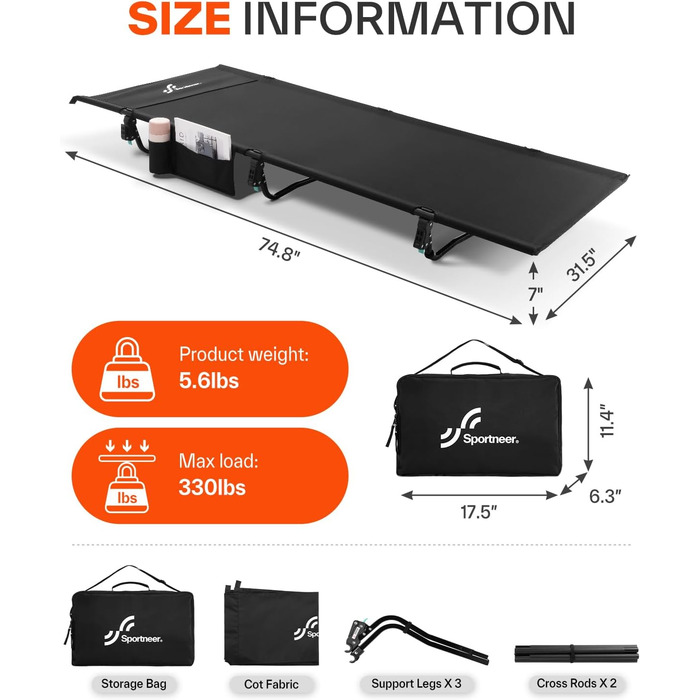 Розкладне ліжко Sportneer для кемпінгу та відпочинку на природі: легке, компактне, алюмінієве (190x70 см)
