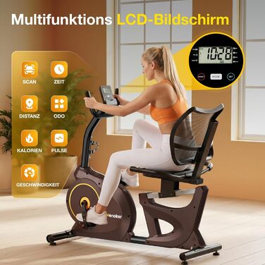 Ергометр для дому з магнітною гальмом, датчиками пульсу та LCD-дисплеєм, 15 рівнів опору, з підніжкою для спини, для людей похилого віку. Міцна конструкція, декілька налаштувань, колір горіх.