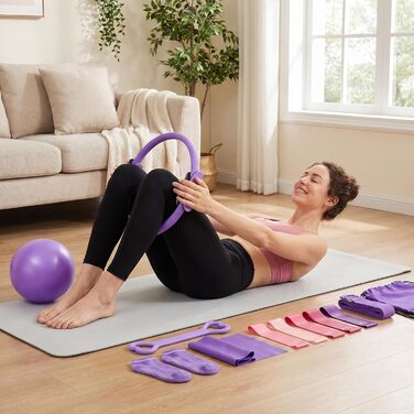 Набір для пілатесу та йоги для жінок-початківців Home Pilates & Yoga Starter Kit: м'яч для гімнастики 22.9 см, еластичні стрічки, кільце для пілатесу, ремені на щиколотки, фіолетовий