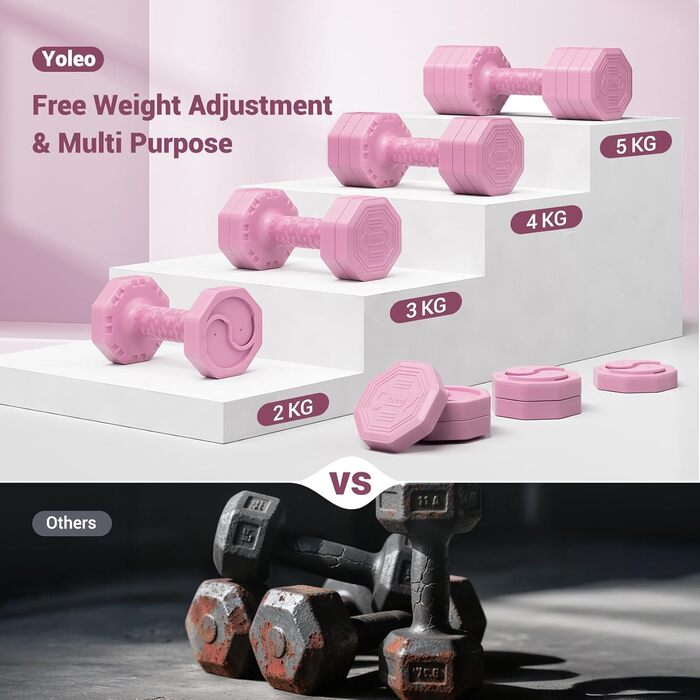 Набір гантелей Yoleo регульований 2/4 шт. для дому, 2 кг, 3 кг, 4 кг, 5 кг, з м'яким TPR-покриттям, для тренувань всього тіла (рожевий)