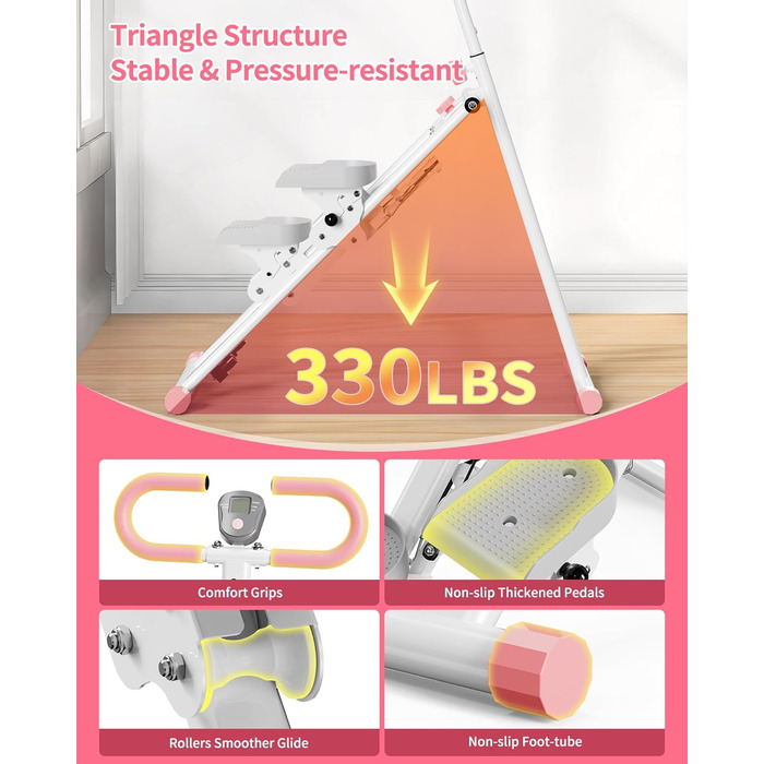 Вертикальний тренажер для кардіо, сходи для дому, вертикальний альпініст з ручкою для тренувань всього тіла, 3 регульовані висоти, LCD-дисплей, компактний та складаний, рожевий