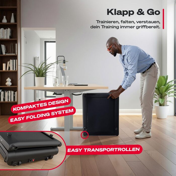 Sportstech sWalk Fold: компактний складаний біговий тренажер для дому з LED-підсвіткою та керуванням через додаток, до 6 км/год, з транспортними роликами, тихий, до 120 кг