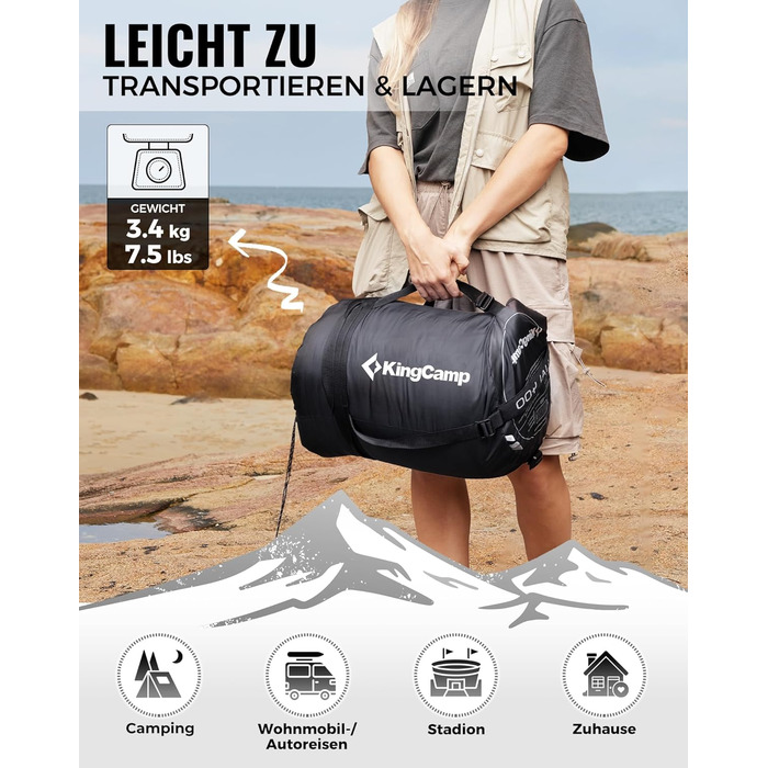 Сплячий мішок KingCamp для дорослих 3-в-1 з бавовняним флісовим підкладкою, зимовий, XXL, легкий, теплий, знімний ковдри, для туризму та відпочинку