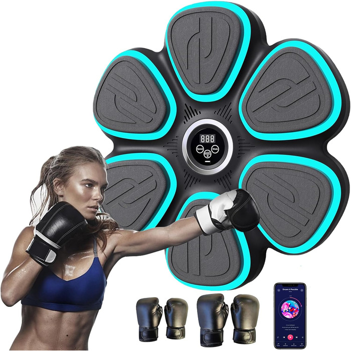 Музична бокс-машина Oamger з LED-підсвіткою, 9 режимів, з боксерськими рукавичками, інтелектуальним підрахунком та Bluetooth, для тренувань вдома для дітей та дорослих, чорний