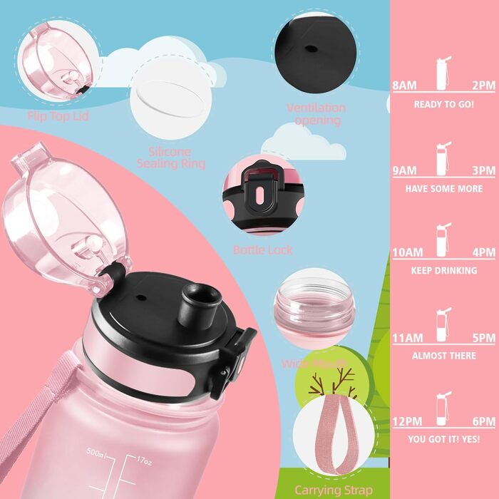 Фляга для води HoneyHolly 1 л з фільтром, з позначками часу, противитікаюча, для спорту, велосипеда, йоги, фітнесу, активного відпочинку (чорно-червона)