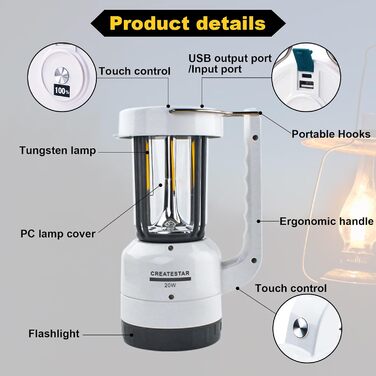 LED кемпінговий ліхтар CREATESTAR: зарядний, з ліхтариком, USB, диммування, IP43, водонепроникний, для туризму, відпочинку, надзвичайних ситуацій