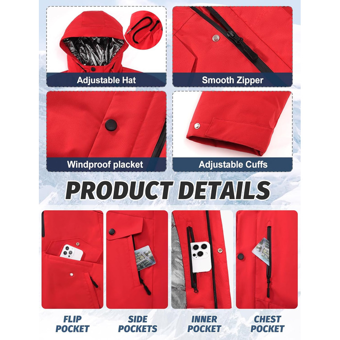 Водонепроникна зимова куртка Voqeen для чоловіків, тепла сноуборд куртка з капюшоном, вітрозахисна Outdoor куртка з термо функцією, Softshell Windbreaker для туризму, червона, XL