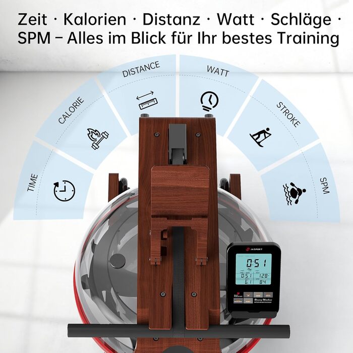 Гребний тренажер R1E з дуба, 28L резервуар для води, 12-лопатеве весло, Bluetooth & LCD-дисплей, сумісний з Kinomap APP, підставка для планшета, тихий та компактний велотренажер до 150 кг