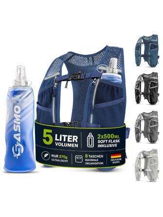 Жилет для бігу SASMO® унісекс (2L) - легкий, дихаючий, 8 кишень, гідратор 5L (2x500мл), темно-синій