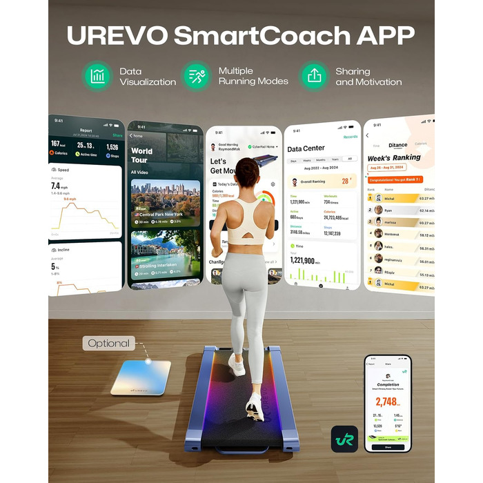 Бігова доріжка UREVO Smart Walking Pad з нахилом 14% для дому, підстільна, розширена бігова поверхня, LED-пульт, тиха безщіткова, швидкісне підсвічування, синій колір