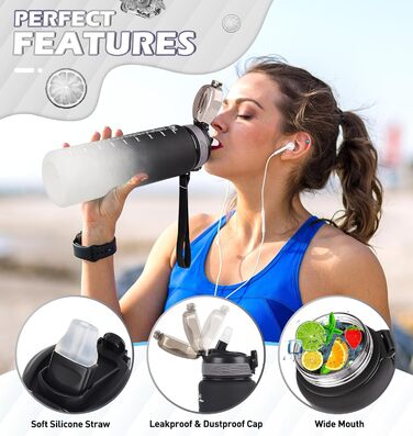 Водна пляшка CodiCile 1л зі трубочкою, спортивна, з маркуванням часу, чорно-сіра