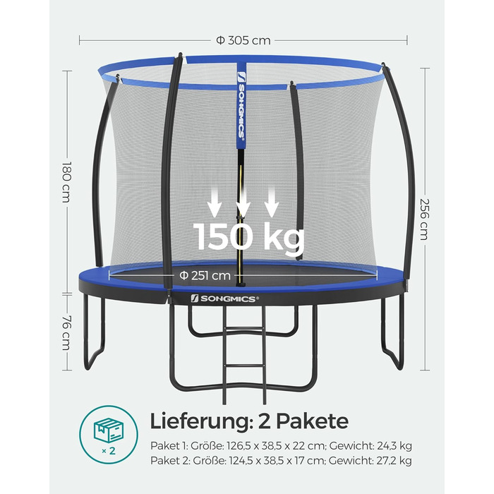 Батут SONGMICS Outdoor Ø 244/305/366/427 см, круглий, для саду, з сіткою безпеки, захисним бордюром, сходами та м'якими стійками, чорно-синій